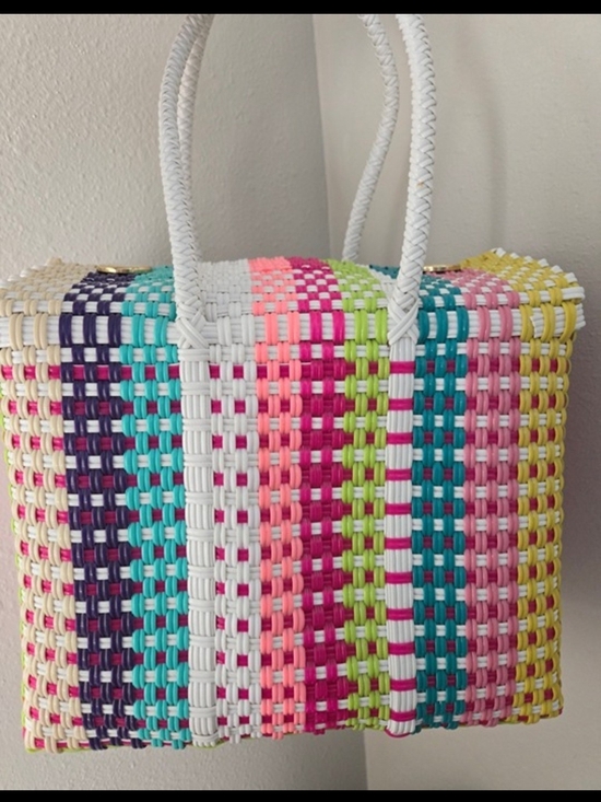 Handbags - Handwoven Multicolor Tote Bag with White Handles